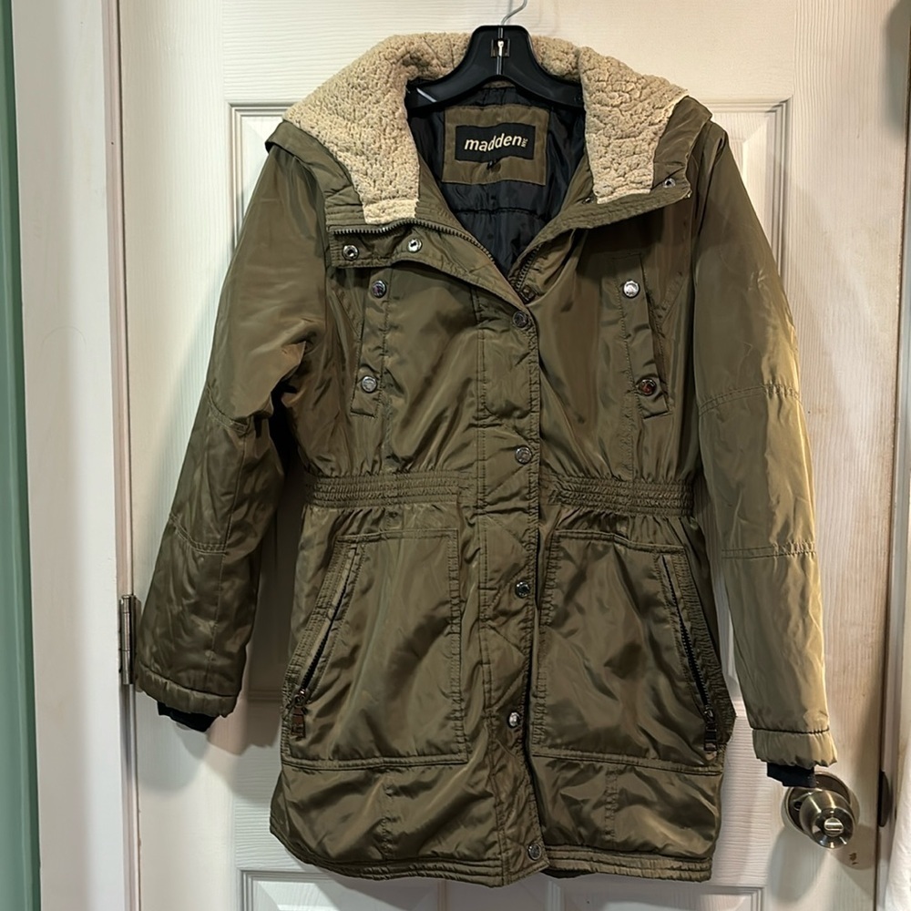 Madden Girl Olive Green Sherpa Hooded Parka Jacket XL (16)
